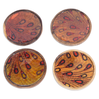 Posavasos de madera, (juego de 4) - Juego de 4 posavasos de madera de neem amarillo y rojo con estampado de gotas