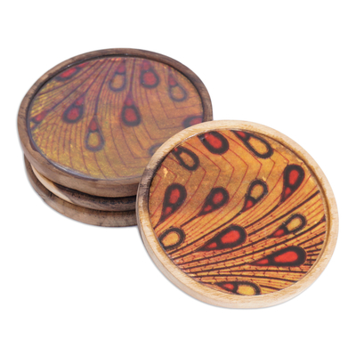 Posavasos de madera, (juego de 4) - Juego de 4 posavasos de madera de neem amarillo y rojo con estampado de gotas