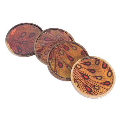 Wood coasters, 'Drops of Elegance' (set of 4) - Set of 4 Drop-Patterned Yellow and Red Neem Wood Coasters