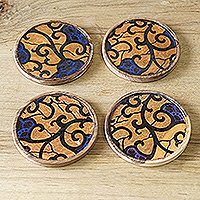 Wood coasters, 'Abundance Season' (set of 4) - Set of Four Floral and Vine-Patterned Yellow Wood Coasters