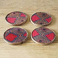 Wood coasters, 'Courageous Aseda' (set of 4) - Set of 4 Geometric-Patterned Red and Brown Wood Coasters