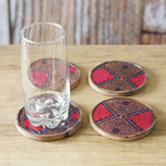 Wood coasters, 'Courageous Aseda' (set of 4) - Set of 4 Geometric-Patterned Red and Brown Wood Coasters