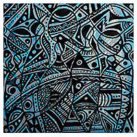 'Cultural Unity' - Signed Unstretched Abstract Blue and Black Acrylic Painting