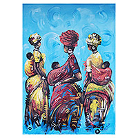 'Mother's Pride' - Signed Expressionist Blue Acrylic Painting of Mothers