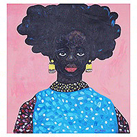'Black Beauty' - Expressionist Blue and Pink Portrait of Ghanaian Woman