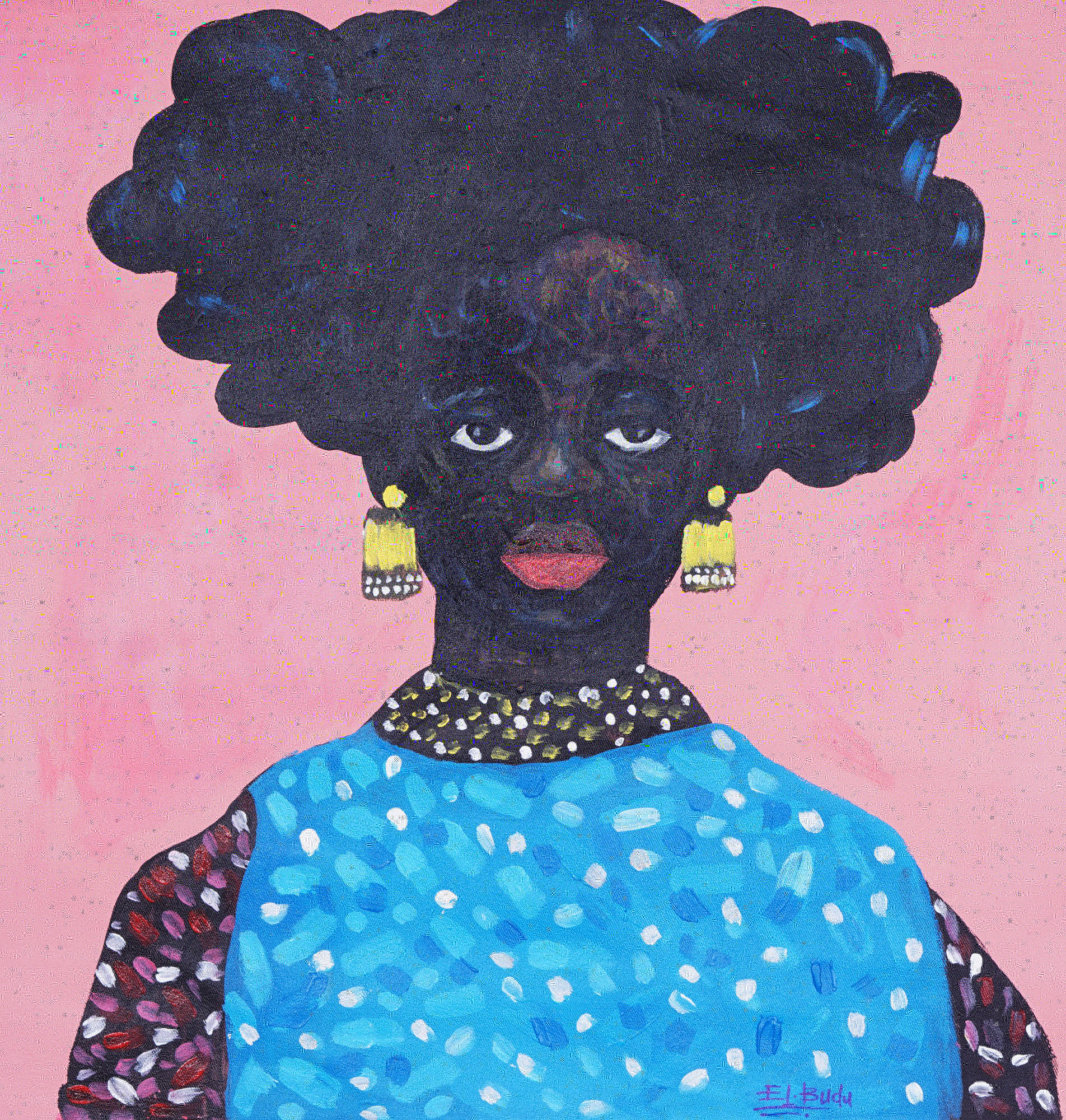 'Black Beauty' - Expressionist Blue and Pink Portrait of Ghanaian Woman