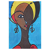 'Lady with Gye Nyame Earrings' - Expressionist Acrylic Painting of Woman and Adinkra Sign