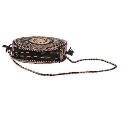 Leather-accented raffia sling bag, 'One Culture' - Black and Brown Natural Raffia Sling Bag with Leather Straps