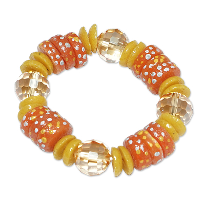 Recycled glass beaded bracelet, 'Aseda in Autumn' - Eco-Friendly Orange and Yellow Glass Beaded Bracelet
