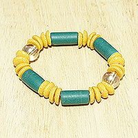 Recycled glass beaded stretch bracelet, 'Fresh Forest' - Yellow and Green Recycled Glass Beaded Stretch Bracelet