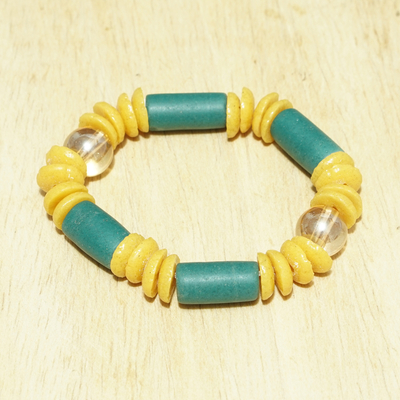 Recycled glass beaded stretch bracelet, 'Fresh Forest' - Yellow and Green Recycled Glass Beaded Stretch Bracelet