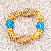 Stretch-Armband aus Glas- und Achatperlen, „Mi“ – Gelbes und blaues Stretch-Armband aus Glas und Achatperlen