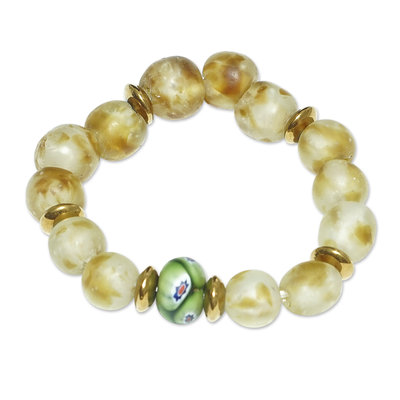 Recycled glass beaded stretch bracelet, 'Ghana's Glory' - Eco-Friendly Green and Ivory Recycled Glass Beaded Bracelet
