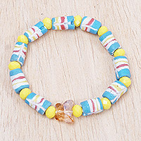 Recycled glass beaded stretch bracelet, 'Radiant Abifao' - Eco-Friendly Pastel-Toned Recycled Beaded Stretch Bracelet