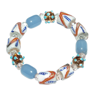 Recycled glass beaded stretch bracelet, 'Jolly Blue' - Eco-Friendly Blue and White Recycled Glass Beaded Bracelet