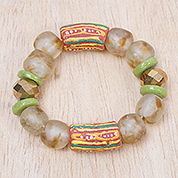Recycled glass beaded bracelet, 'Aseda in Summer' - Eco-Friendly Green and Red Recycled Glass Beaded Bracelet
