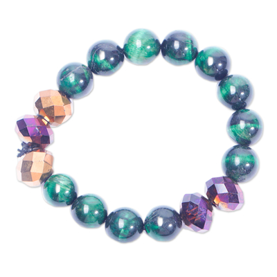 Recycled glass beaded stretch bracelet, 'Colors of My Soul' - Eco-Friendly Glass Crystal and Tiger's Eye Beaded Bracelet