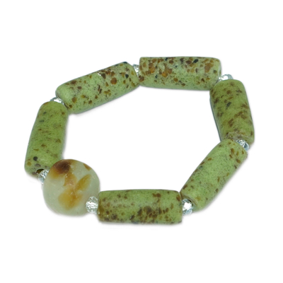 Recycled glass and agate beaded stretch bracelet, 'Green Pride' - Eco-Friendly Green Recycled Glass and Agate Beaded Bracelet