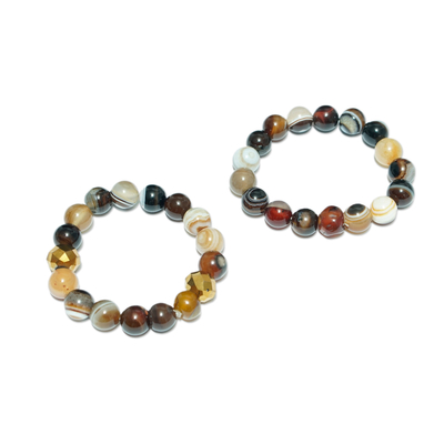 Agate and recycled glass beaded bracelet, 'Imperial Duo' (pair) - Agate and Recycled Glass Beaded Bracelet from Ghana (Pair)