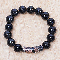 Recycled glass beaded pendant bracelet, 'Dark Okatakyei' - Black and Golden Recycled Glass Beaded Pendant Bracelet
