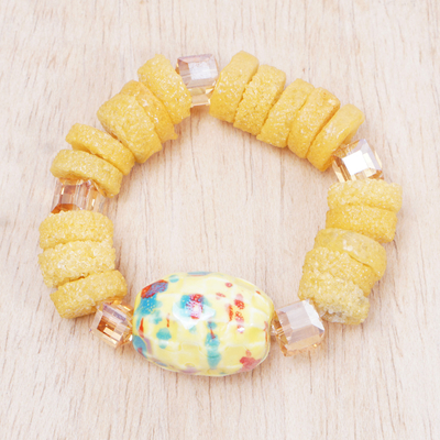 Recycled glass beaded stretch bracelet, 'Sugary Chicness' - White and Yellow Recycled Glass Beaded Stretch Bracelet
