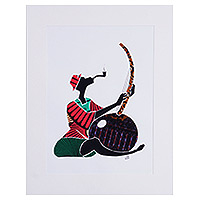 'Reminiscing II' - Classic Ghanaian Cotton Fabric Guitarist Painting in Red