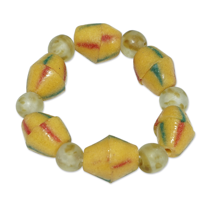 Recycled glass beaded stretch bracelet, 'Joyous Friend' - Hand-Painted Yellow Recycled Glass Beaded Stretch Bracelet
