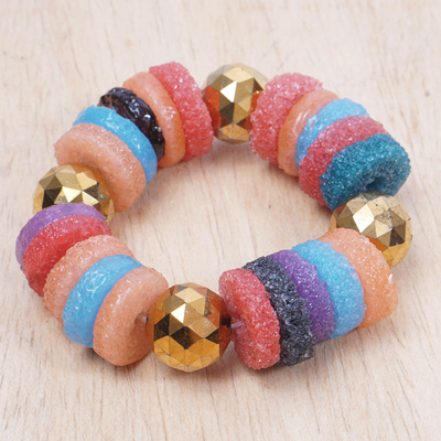 Recycled crystal and glass beaded stretch bracelet, 'Sikli' - Colorful Recycled Glass and Crystal Beaded Stretch Bracelet