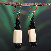 Recycled glass and onyx beaded dangle earrings, 'Dapper Joy' - Eco-Friendly Recycled Glass and Onyx Beaded Dangle Earrings