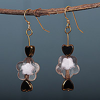 Recycled beaded dangle earrings, 'Floral Liaison' - Heart and Flower-Themed Recycled Beaded Dangle Earrings