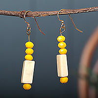 Recycled glass beaded dangle earrings, 'Sunny Dziedzorm' - Yellow Recycled Glass Beaded Dangle Earrings with Hooks