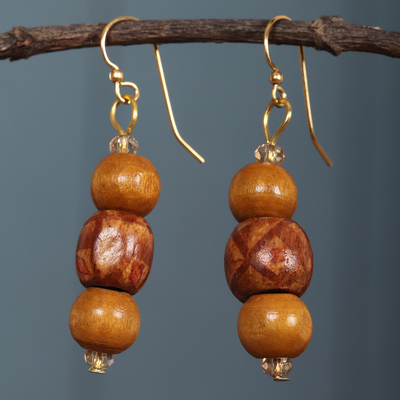 Recycled glass and wood beaded dangle earrings, 'Fire Eyes' - Warm-Toned Recycled Glass and Wood Beaded Dangle Earrings