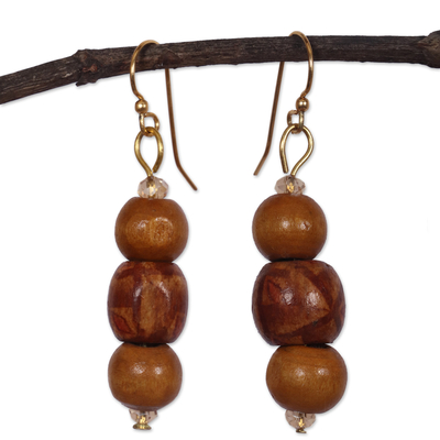 Recycled glass and wood beaded dangle earrings, 'Fire Eyes' - Warm-Toned Recycled Glass and Wood Beaded Dangle Earrings