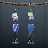 Recycled glass beaded dangle earrings, 'Divine Blue Gyidi' - Eco-Friendly Blue Recycled Glass Beaded Dangle Earrings
