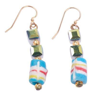 Recycled glass beaded dangle earrings, 'Blue Gyidi' - Eco-Friendly Pastel Recycled Glass Beaded Dangle Earrings
