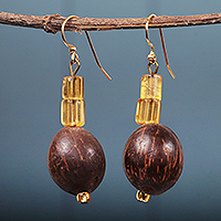 Recycled glass and wood beaded dangle earrings, 'Glorious Diva' - Yellow Recycled Glass and Palm Kennel Beaded Dangle Earrings