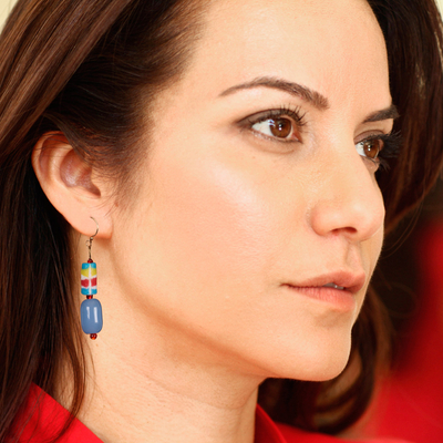 Recycled glass beaded dangle earrings, 'Bright Sensations' - Blue and Red Recycled Glass Beaded Dangle Earrings