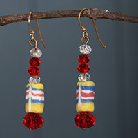Recycled glass beaded dangle earrings, 'Gyidi & Red' - Yellow and Red Recycled Glass Beaded Dangle Earrings