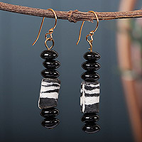 Recycled glass beaded dangle earrings, 'Black Gyidi' - Eco-Friendly Black Recycled Glass Beaded Dangle Earrings