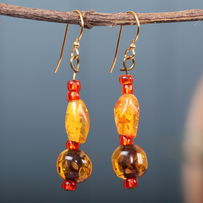 Recycled glass beaded dangle earrings, 'Fire Essence' - Golden and Red Recycled Glass Beaded Dangle Earrings