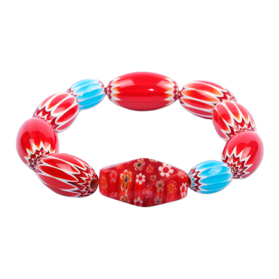 Recycled glass beaded stretch bracelet, 'Bold Facet' - Eco-Friendly Red Recycled Glass Beaded Stretch Bracelet