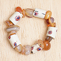 Recycled glass and agate beaded stretch bracelet, 'Grace of the Harmonious' - Recycled Glass and Natural Agate Beaded Stretch Bracelet