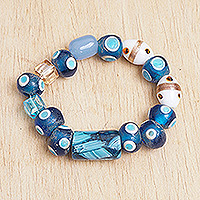 Recycled glass beaded stretch bracelet, 'Dreams & Love' - Eco-Friendly Blue and White Glass Beaded Stretch Bracelet