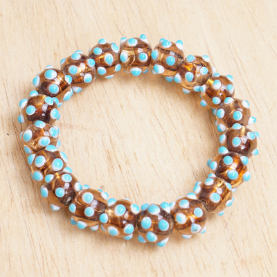 Recycled glass beaded stretch bracelet, 'Cool Lights' - Turquoise and Brown Recycled Glass Beaded Stretch Bracelet