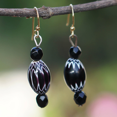 Recycled glass beaded dangle earrings, 'Night Embrace' - Black and White Glass Beaded Dangle Earrings from Ghana