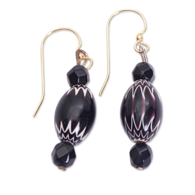 Recycled glass beaded dangle earrings, 'Night Embrace' - Black and White Glass Beaded Dangle Earrings from Ghana
