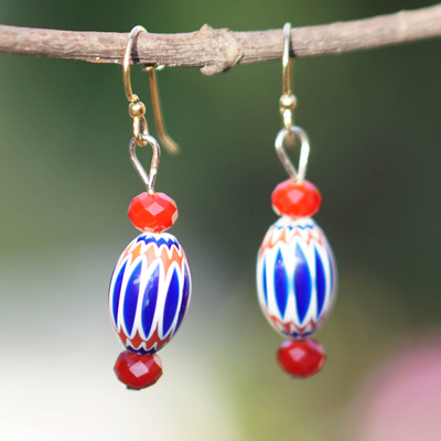 Recycled glass beaded dangle earrings, 'Party Kiss' - Red and Blue Glass Beaded Dangle Earrings from Ghana