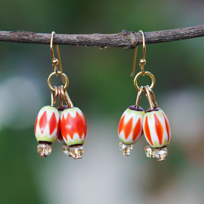 Recycled glass beaded dangle earrings, 'Sweet Celebration' - Red and Green Recycled Glass Beaded Dangle Earrings