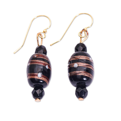 Recycled glass beaded dangle earrings, 'Night Kiss' - Black and Glittering Brown Glass Beaded Dangle Earrings