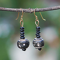 Onyx and terracotta beaded dangle earrings, 'Passion & Desire' - Natural Onyx and Terracotta Beaded Dangle Earrings